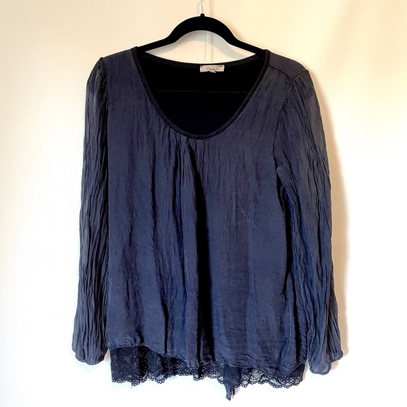 GUISY Silk Blouse Women’s M Navy Long Sleeve Elastic Cuff Lace Bottom Back Tie - Picture 1 of 9